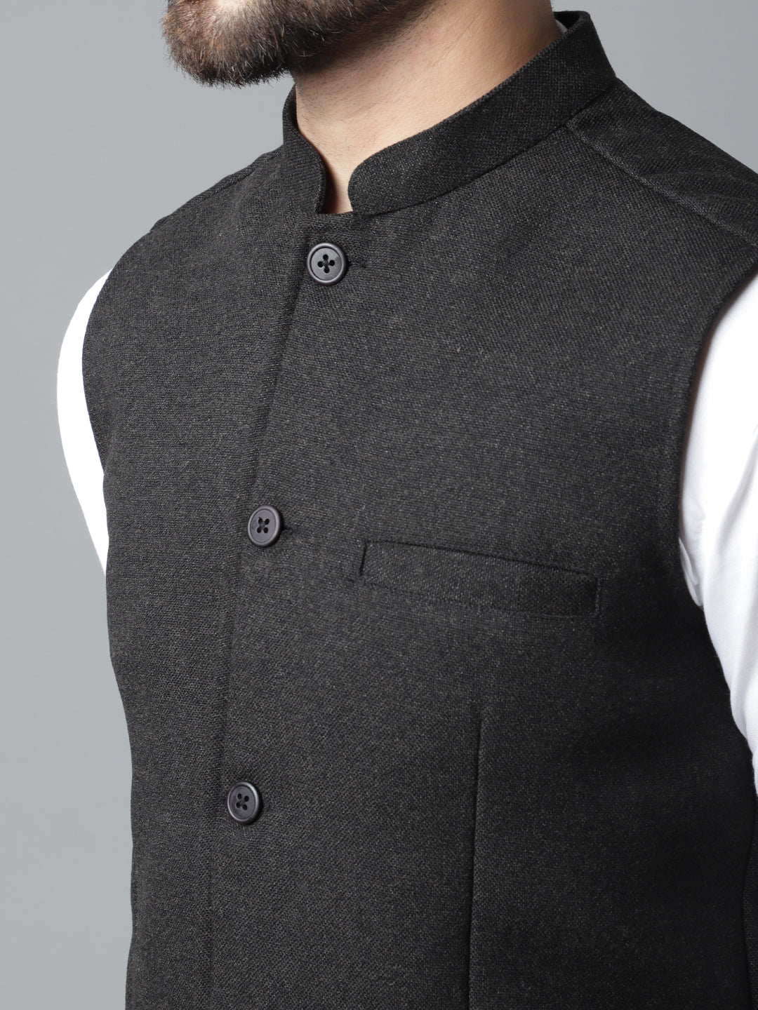 Even Apparels Men's Black Pure Wool Nehru Jacket 