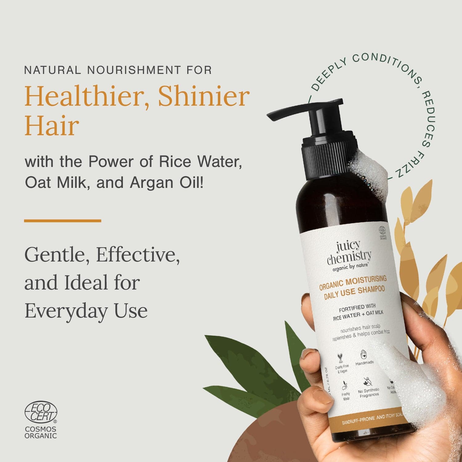 Certified Organic Moisturising Daily Use Shampoo Fortified with Rice Water + Oat Milk 