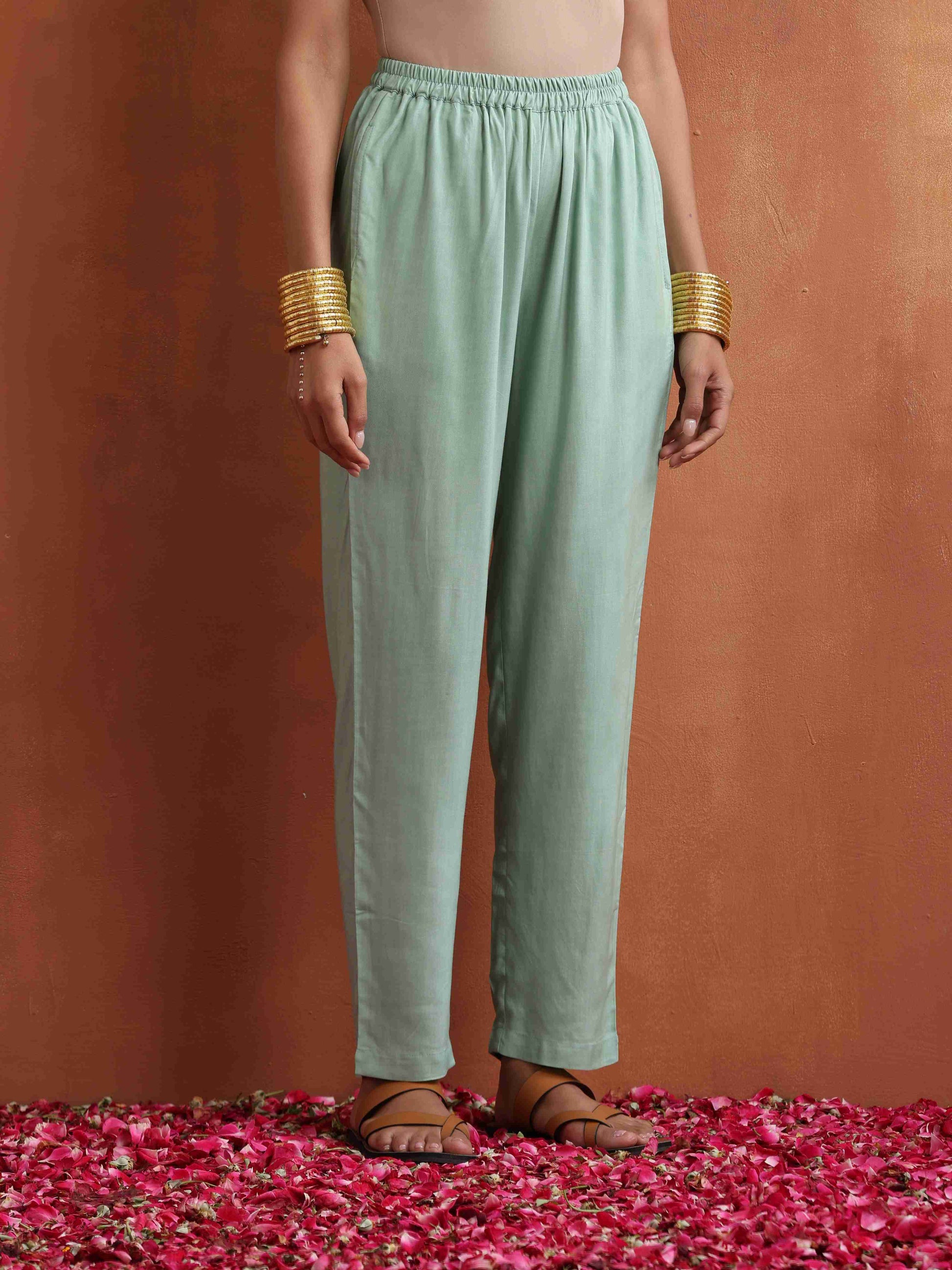 trueBrowns Beige Palm Print A-line Kurta Set 
