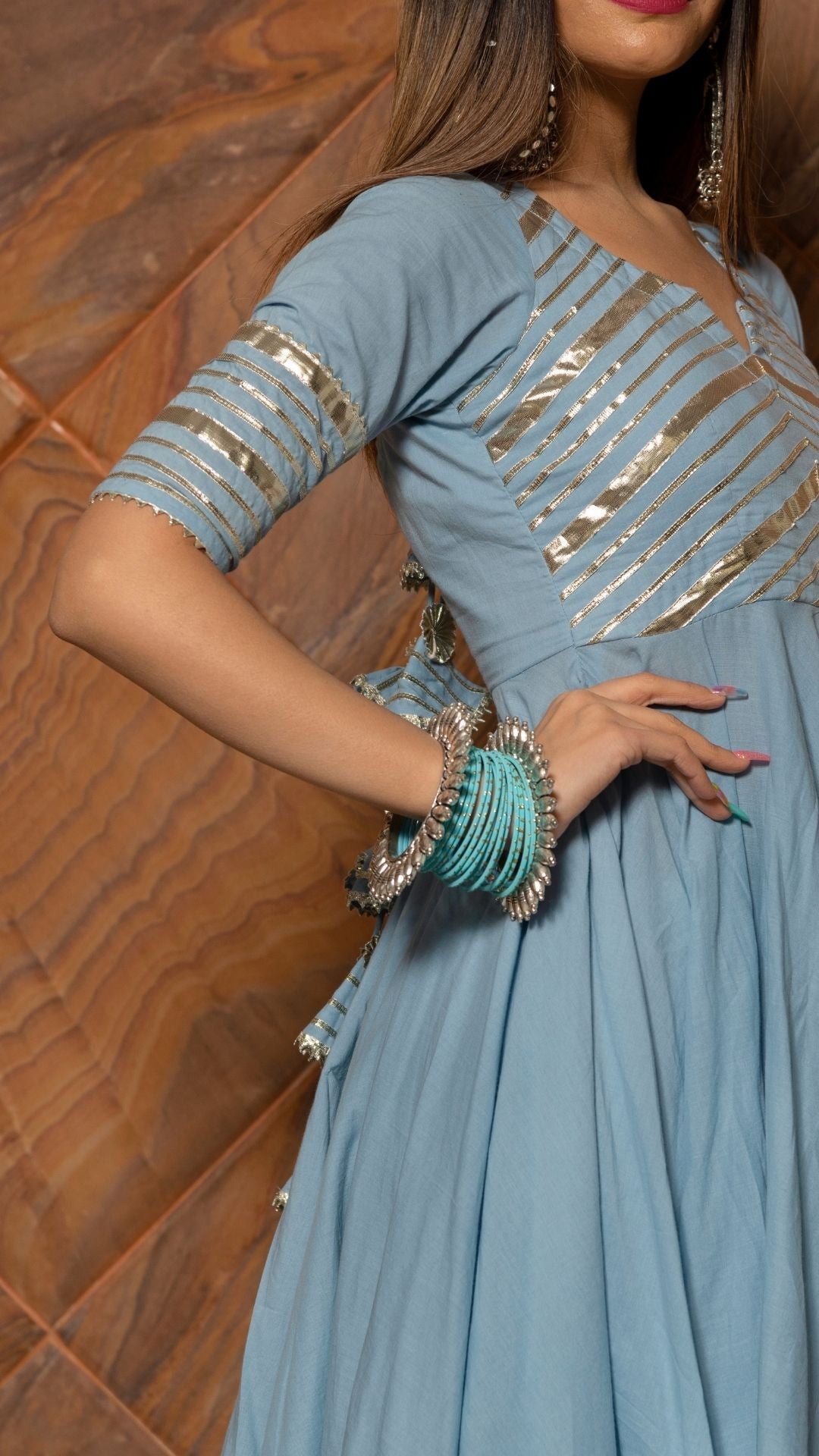 Pomcha Jaipur Powder Blue Pure Cotton Anarkali Set 