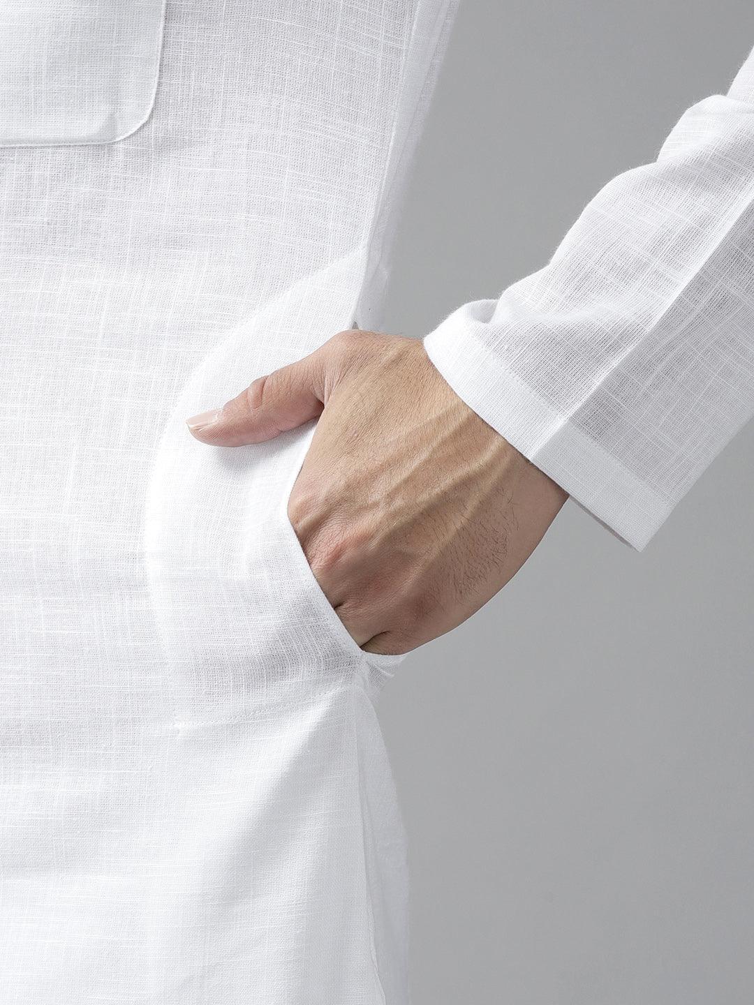 Fabmade Men White Cotton Linen Kurta Pyjama