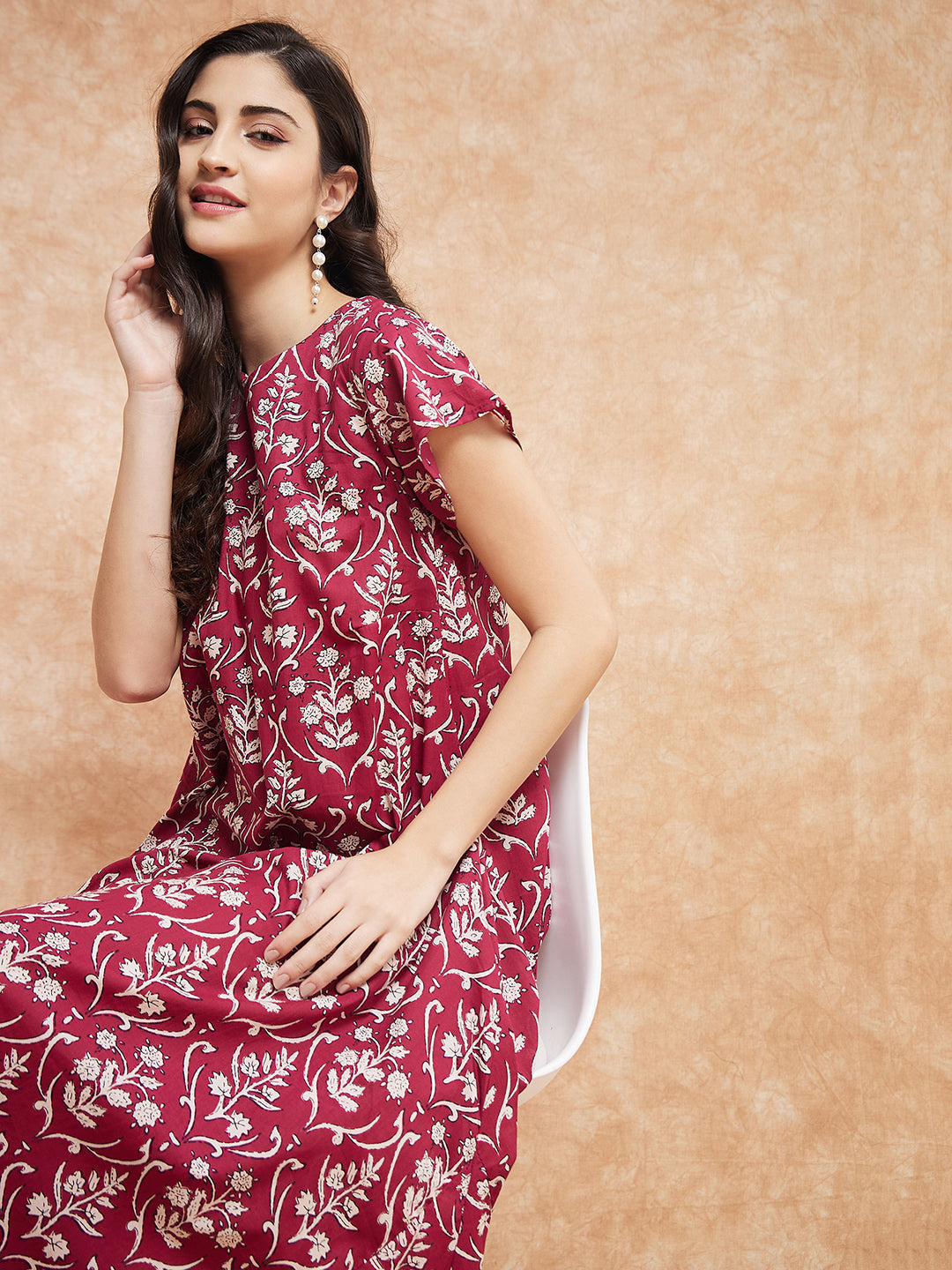 InWeave Women's Wine Cream Floral Print A Line Dress 