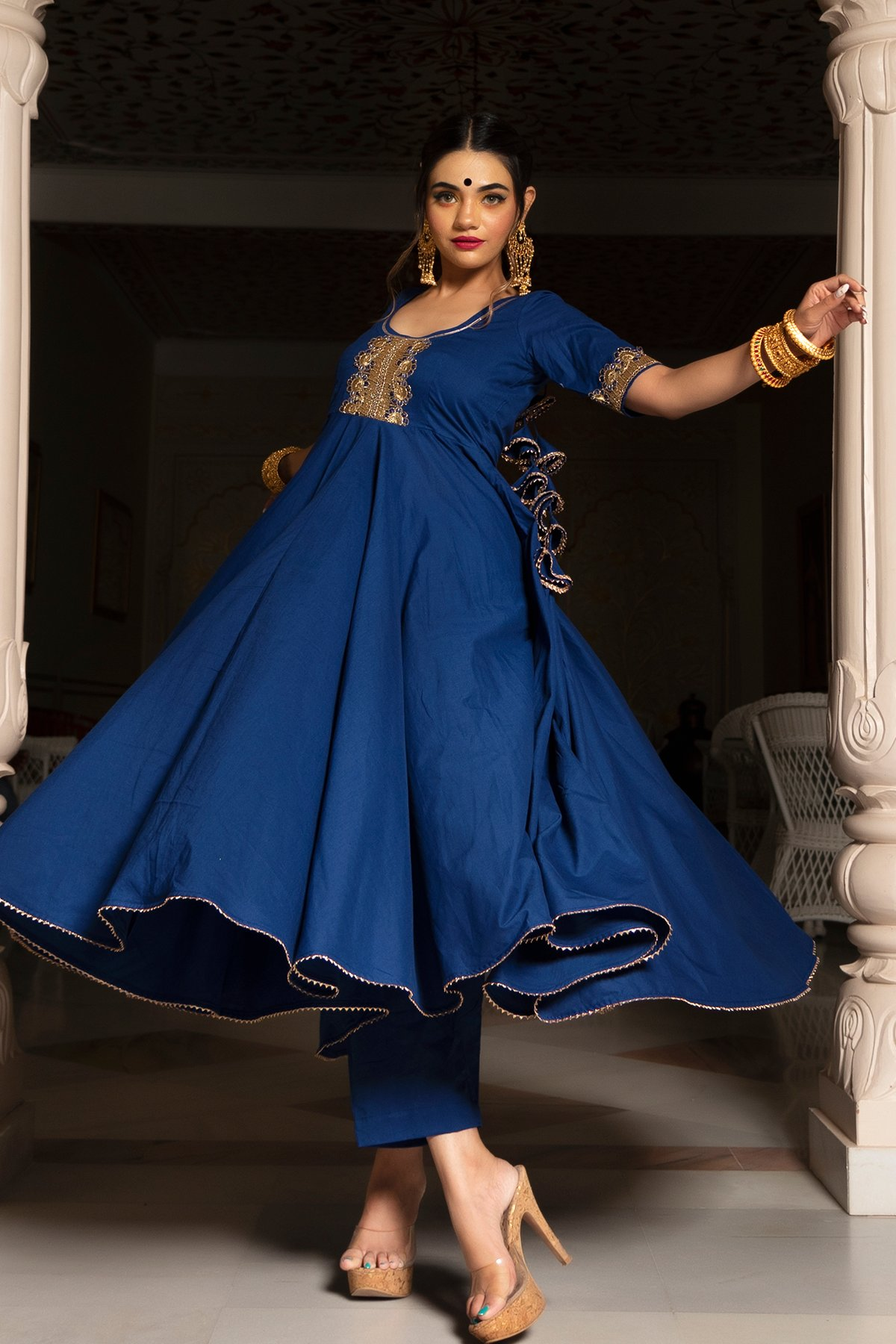 Pomcha Jaipur Minakari Blue Anarkali Set 