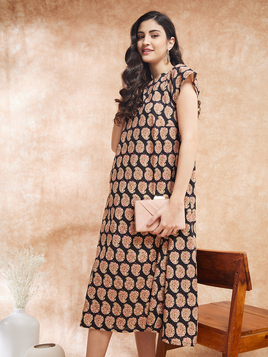 InWeave Women's Black Small Paisley Kalamkari A Line Dress 