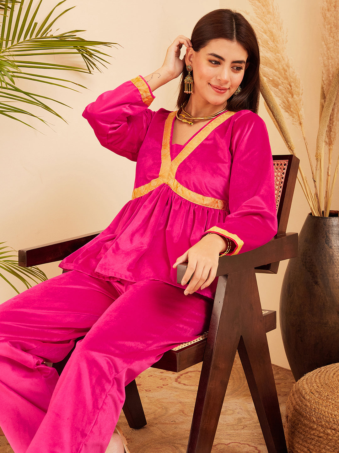 InWeave Women's Magenta Mughal Shaan Style Velvet Short Kurta Set 
