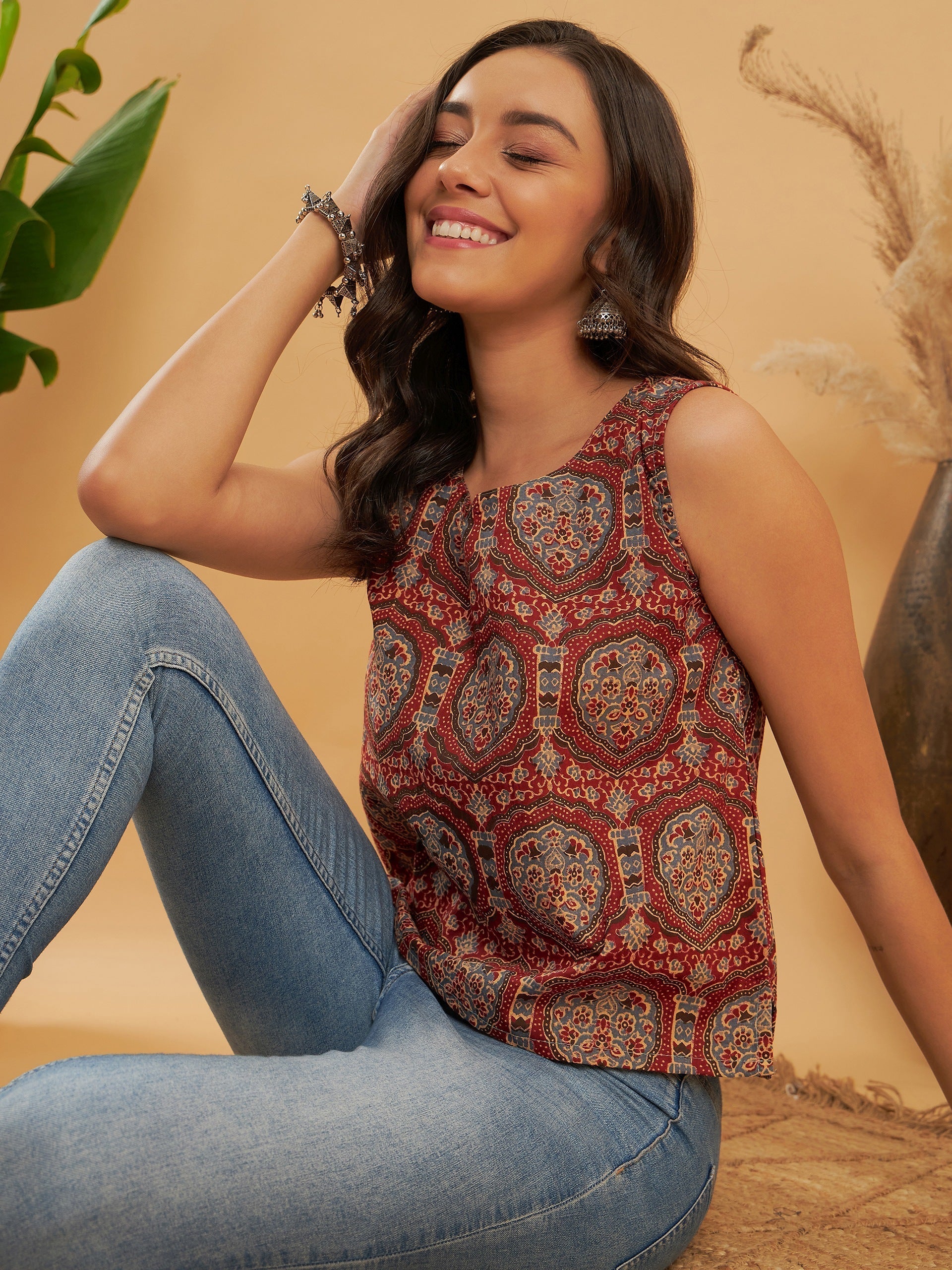 InWeave Maroon Mughal Kalamkari Top 