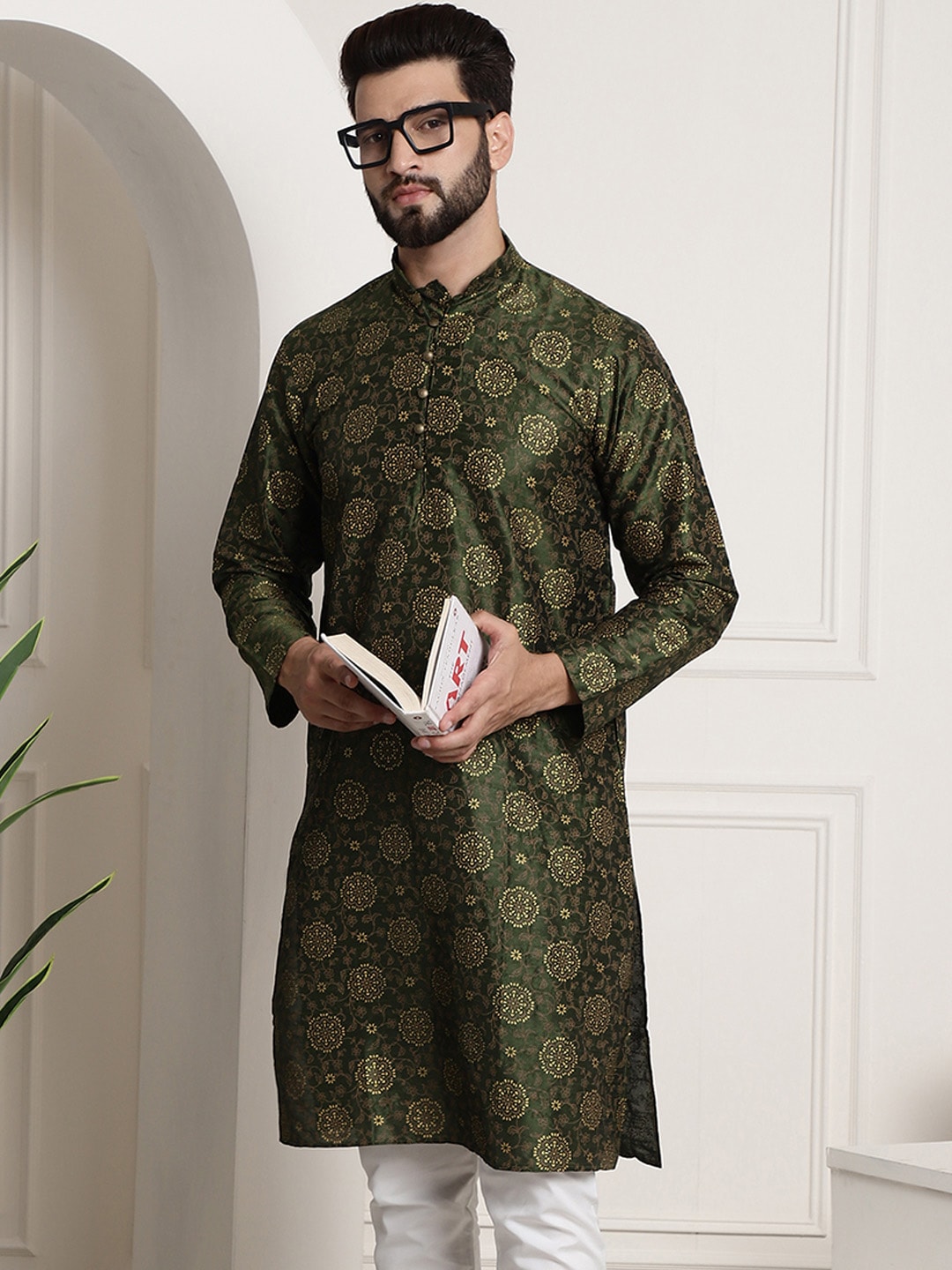 Sojanya Men Green & Brown Ethnic Motifs Printed Kurta 