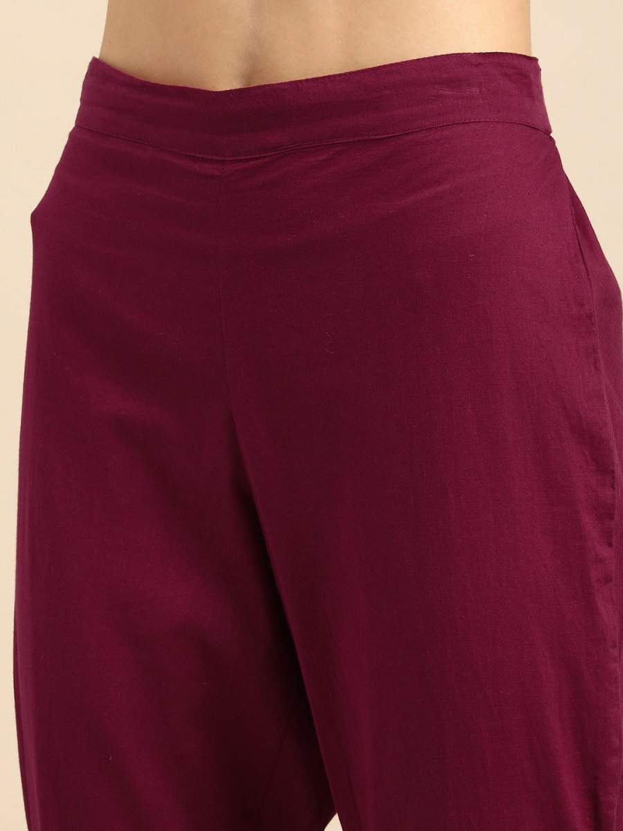 All About You Women Maroon Woven Design Pure Cotton Kurta with Trousers