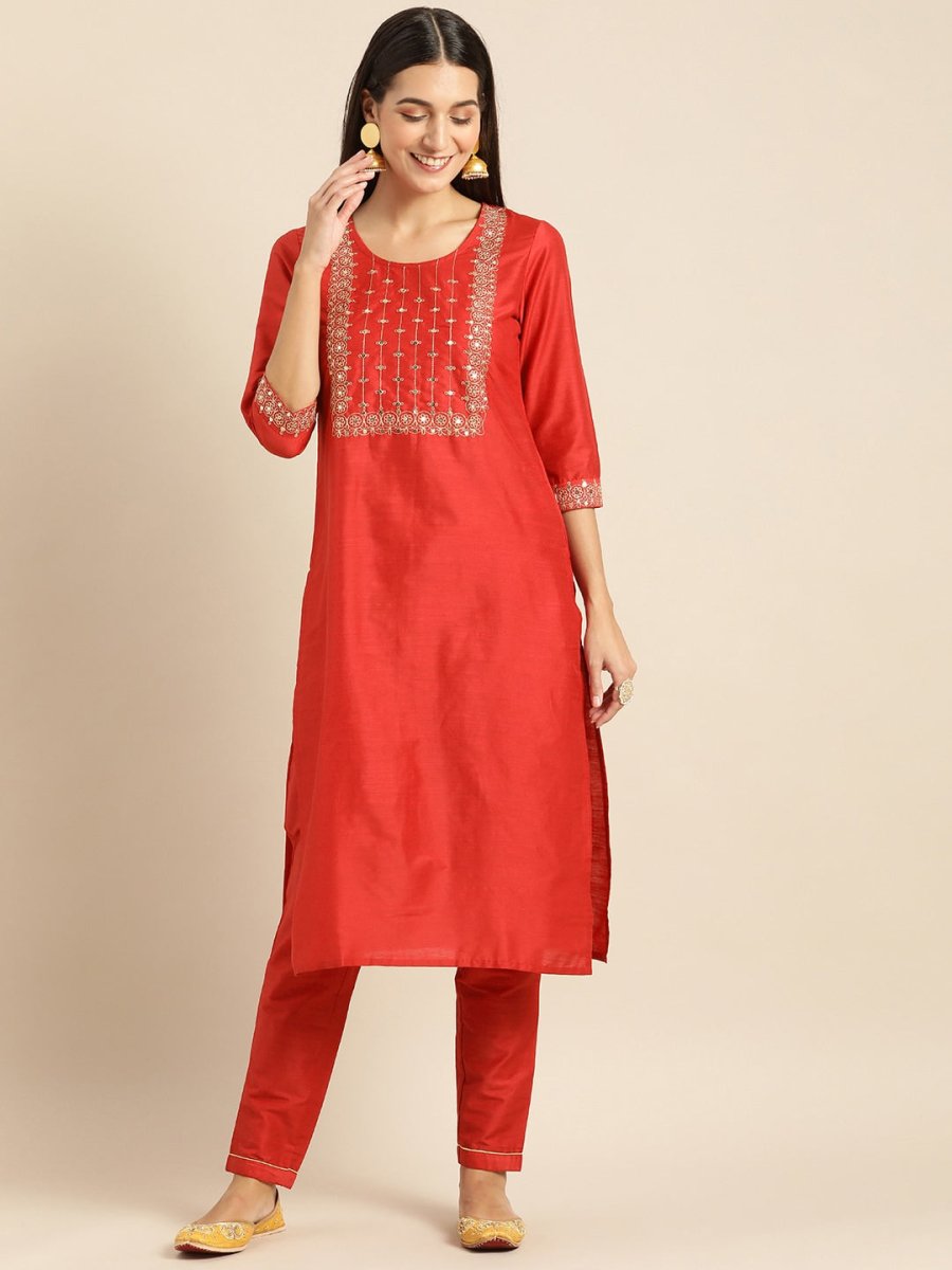 All About You Women Red Woven Design Kurta with Trousers