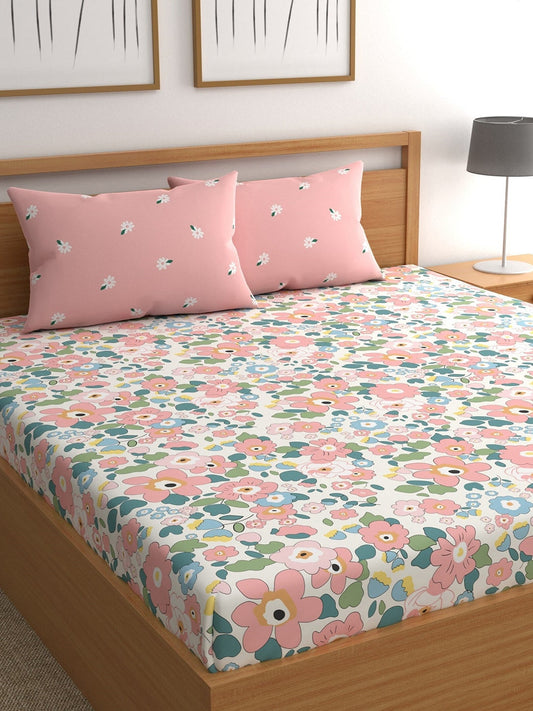 CHHAVI INDIA White & Pink Floral Ultra Soft 210 TC King Bedsheet with 2 Pillow Covers 