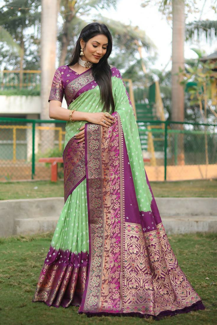 Anaita Light Green Woven Design Pure Bandhej Kanjivaram Soft Silk Saree
