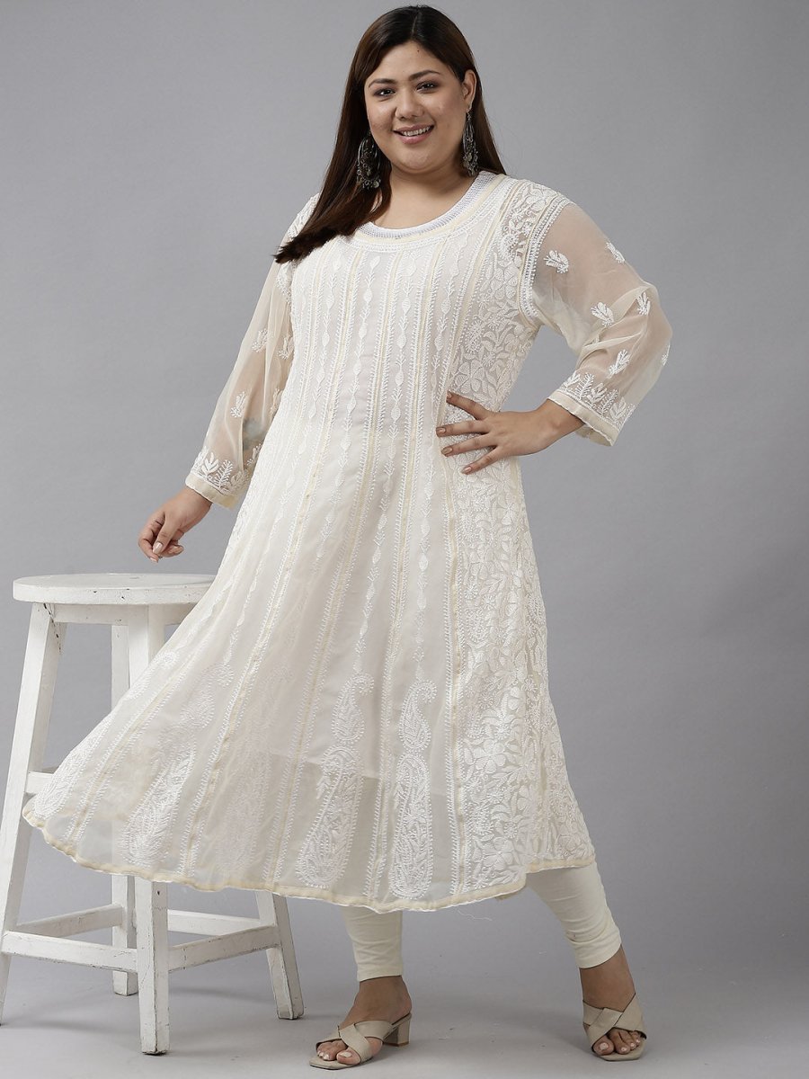 ADA Women Beige Ethnic Motifs Plus Size Chikankari Georgette Anarkali Kurta 