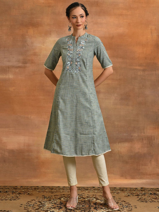 Aks Floral Embroidered Thread Work Cotton A-Line Kurta