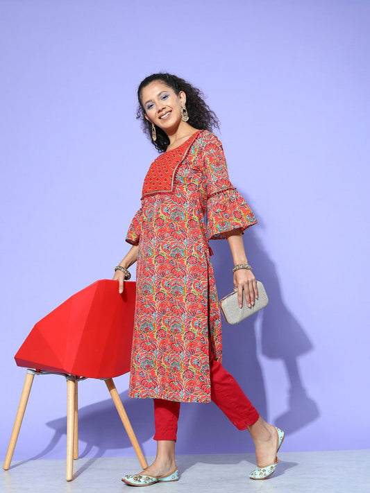 All About You Women Orange & Green Floral Printed Bell Sleeves Gotta Patti Kurta