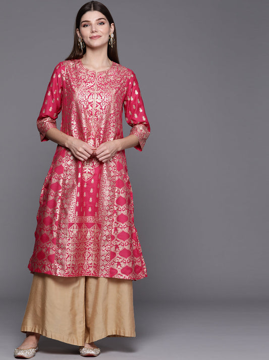 Biba Women Fuchsia & Gold-Toned Ethnic Motifs Kurta - Grab2buy
