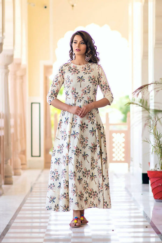 Partywear Designer Cream Pure Maslin Gown - Anbazaar