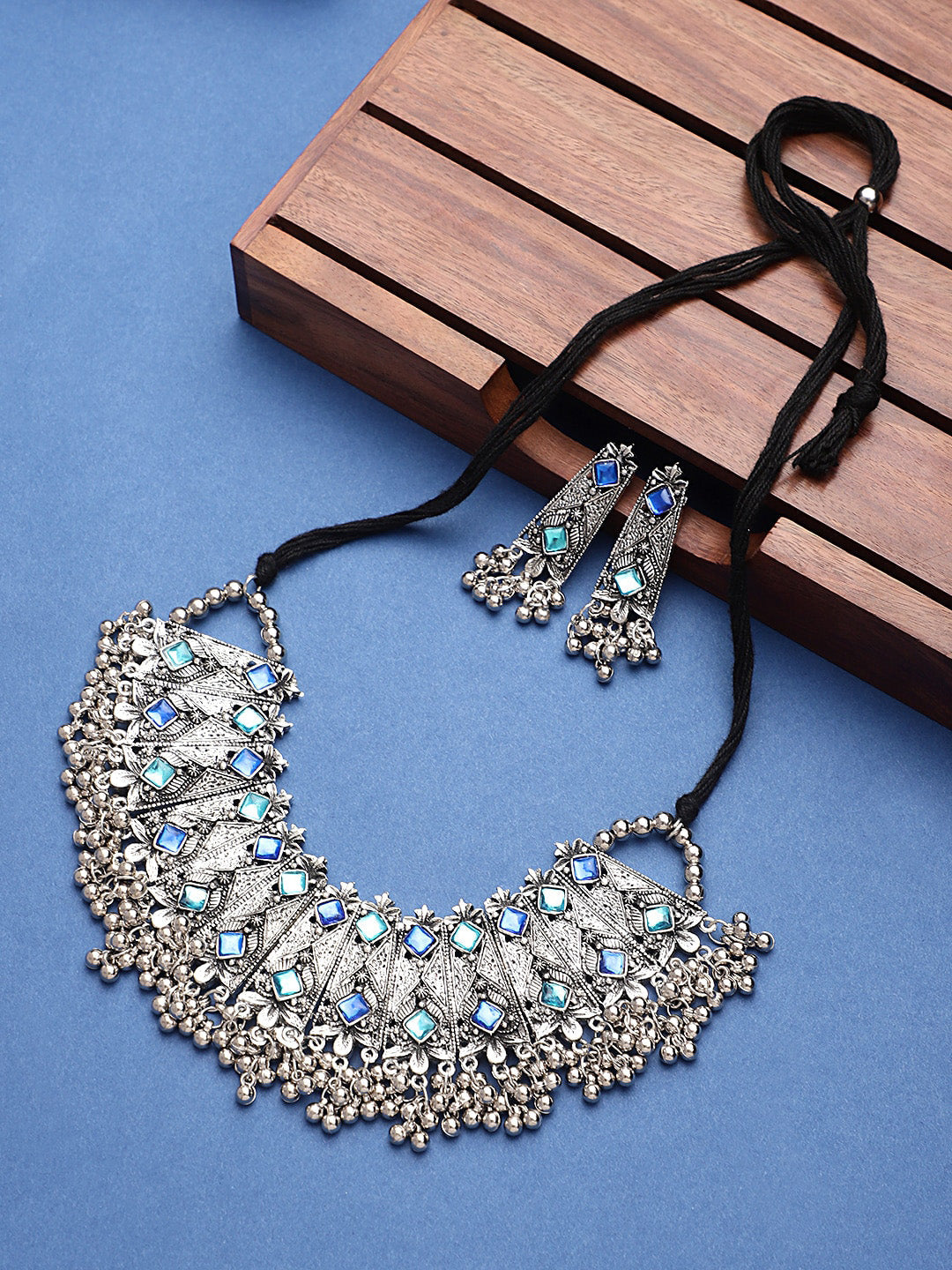 Cardinal Oxidised Silver-Toned & Blue Stones-Studded & Beaded Jewellery Set - Grab2buy