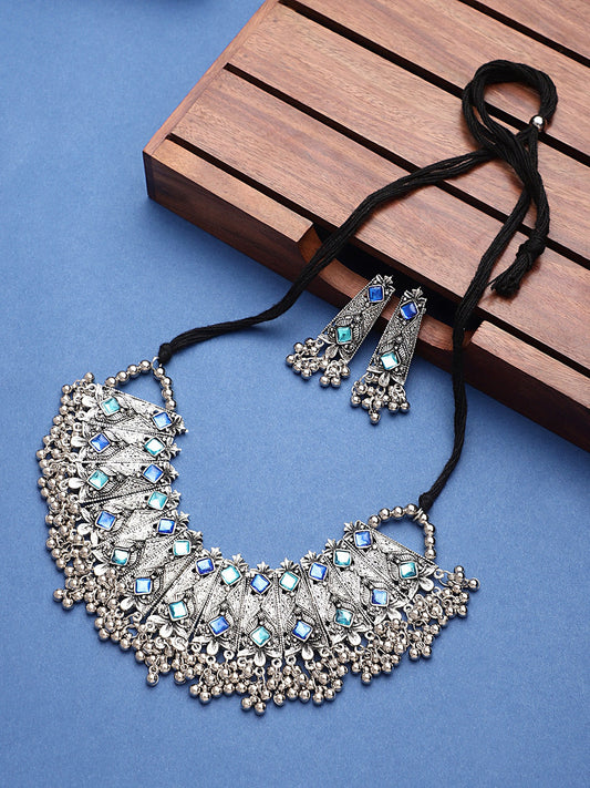 Cardinal Oxidised Silver-Toned & Blue Stones-Studded & Beaded Jewellery Set - Grab2buy