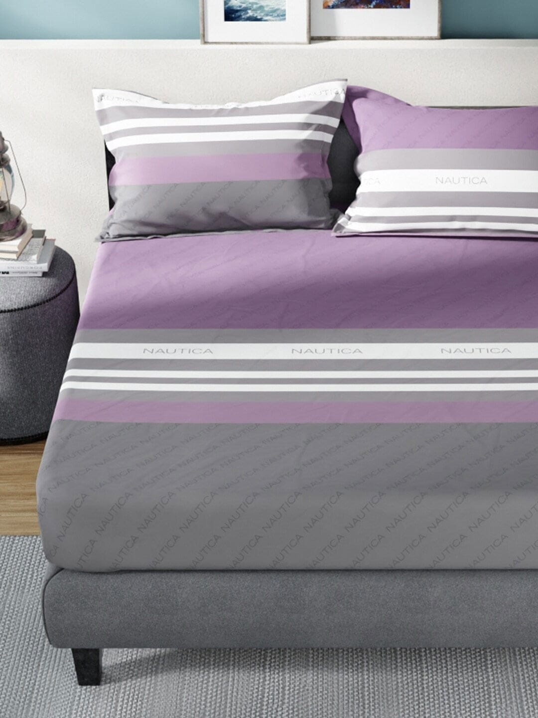 Nautica Bradford Purple & Grey Striped 160 TC Pure Cotton King Bedsheet & 2 Pillow Covers 