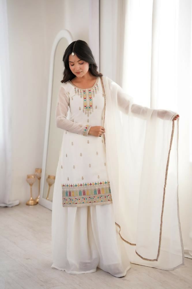 Lehenga Mart Designer Sharara Suit With Kurta, Sharara, Dupatta For Women-Off White