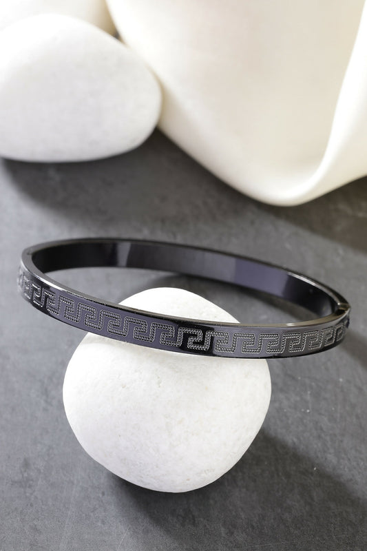 NVR Men's Black Rhodium-Plated Stainless Steel Kada Bracelet - Grab2buy