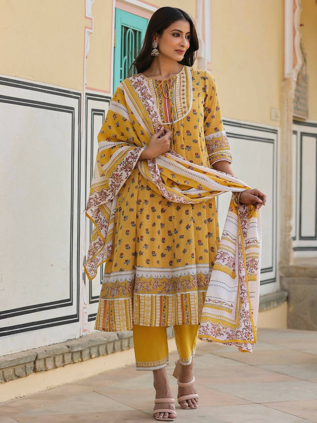 Juniper Women's Mustard Cotton Voile Floral Printed Kurta With Cambric Straight Pant And Voile Duptta