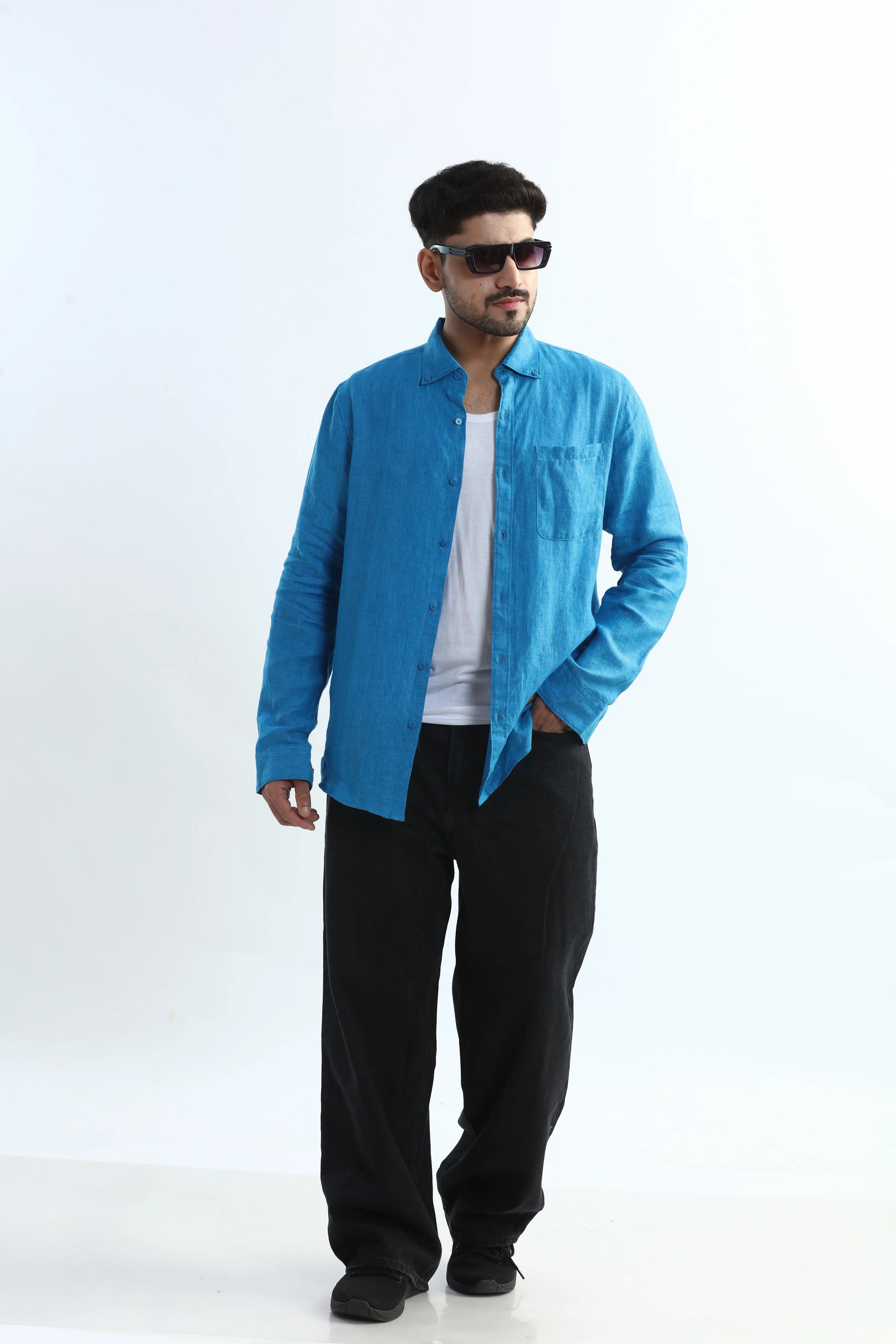 Xkind Blue 100% Pure Linen Button Down Casual Shirt  Grab2Buy Xkind Grab2Buy