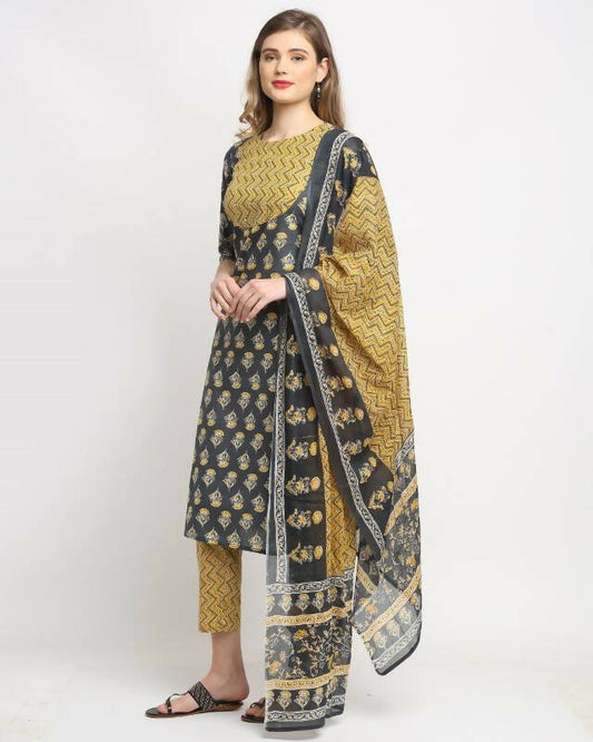 Aastha Fashion Women's Dark Grey Cotton Embroidered Kurta with Trouser & Dupatta - Grab2buy