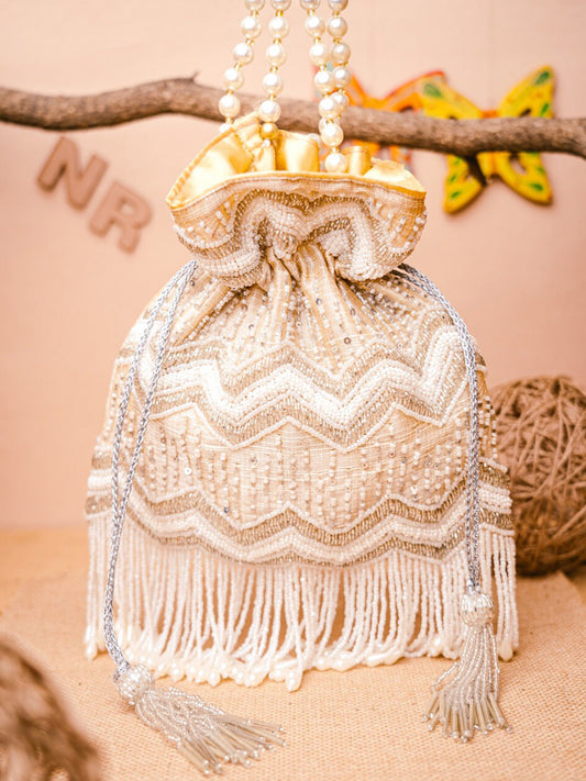 NR By Nidhi Rathi Cream-Coloured & Gold-Toned Embellished Potli Clutch - Grab2buy