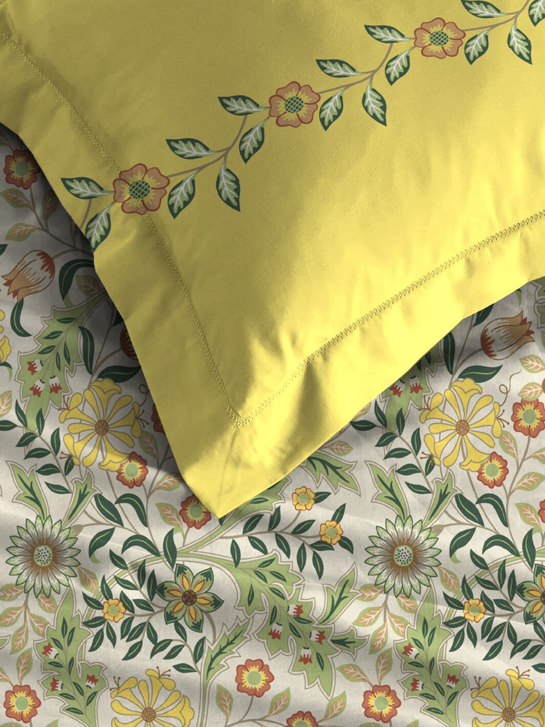 MYTRIDENT Beige White Floral Pure Cotton 144 TC Queen Bedsheet With 2 Pillow Covers 