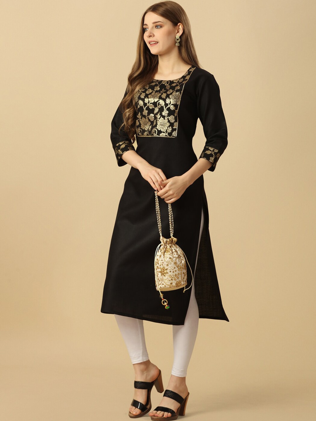 HERE&NOW Black & Gold Square Neck Yoke Design Cotton Kurta