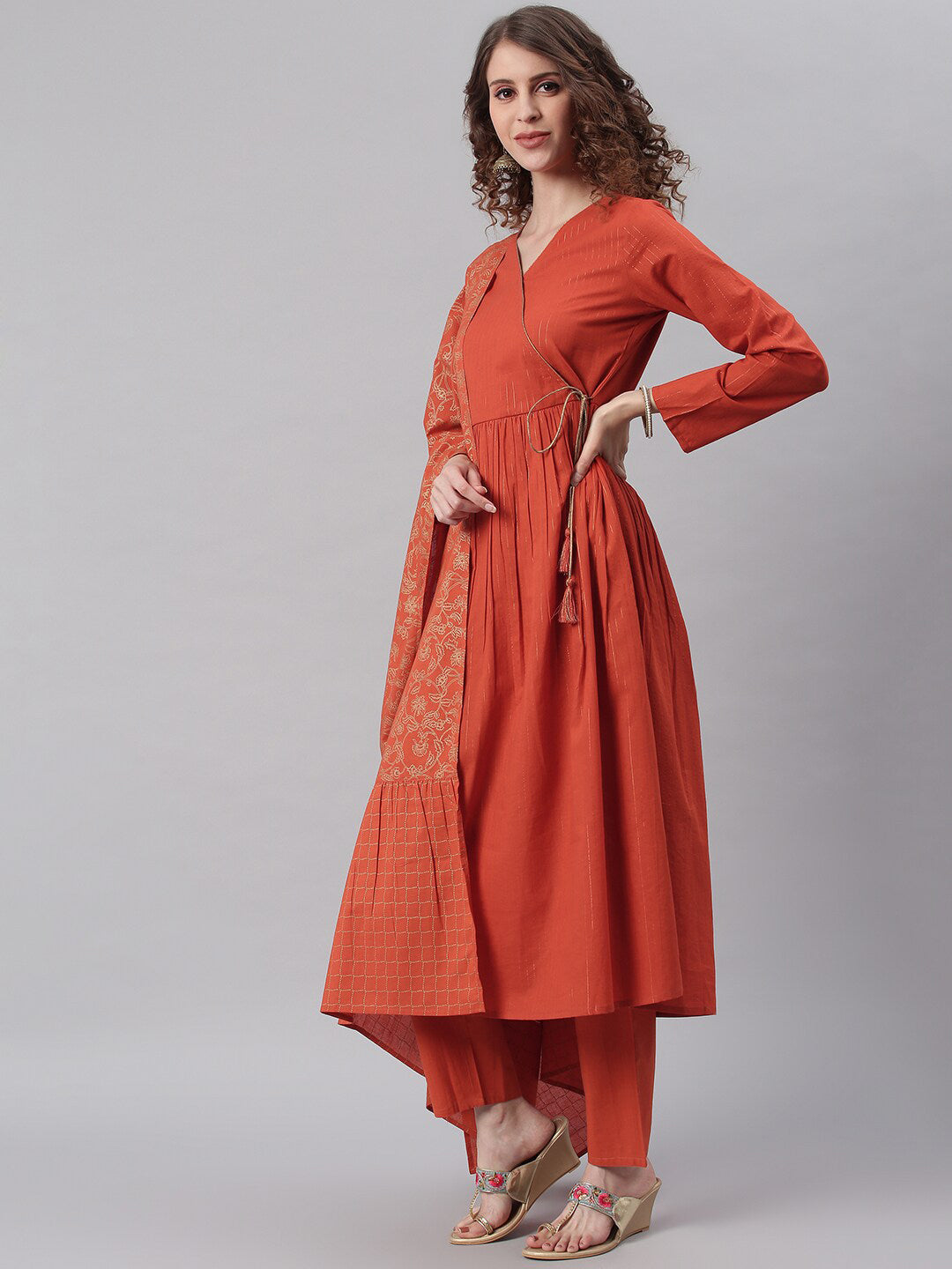 Janasya Women Orange Angrakha Pure Cotton Kurta with Trousers & Dupatta