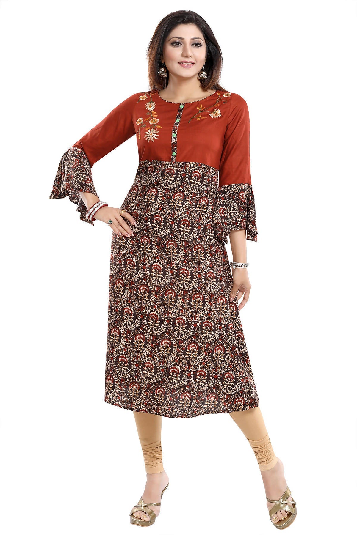 Snehal Creations Rust Rayon Printed Flared Long Tunic