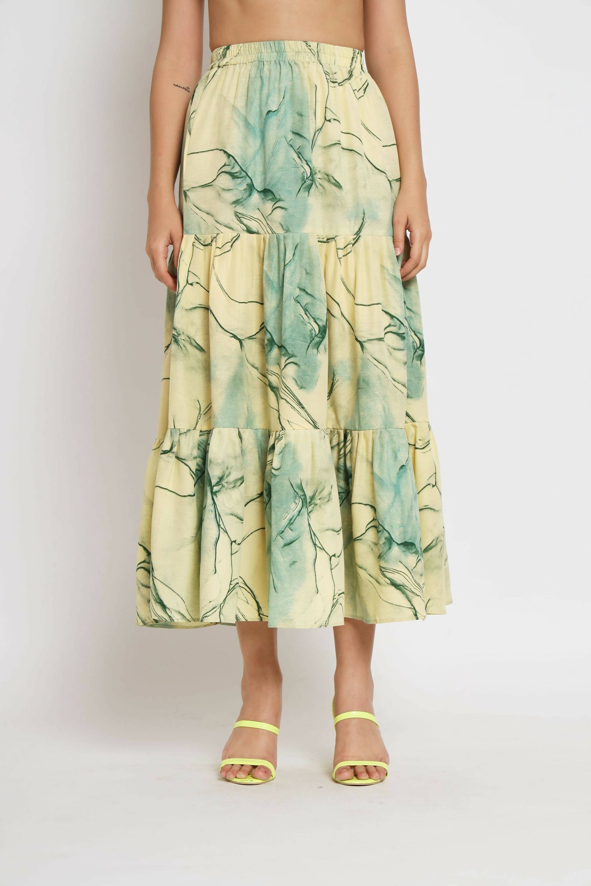 Green Rayon Tie dye Printed Top with Matching Skirt - Shivani