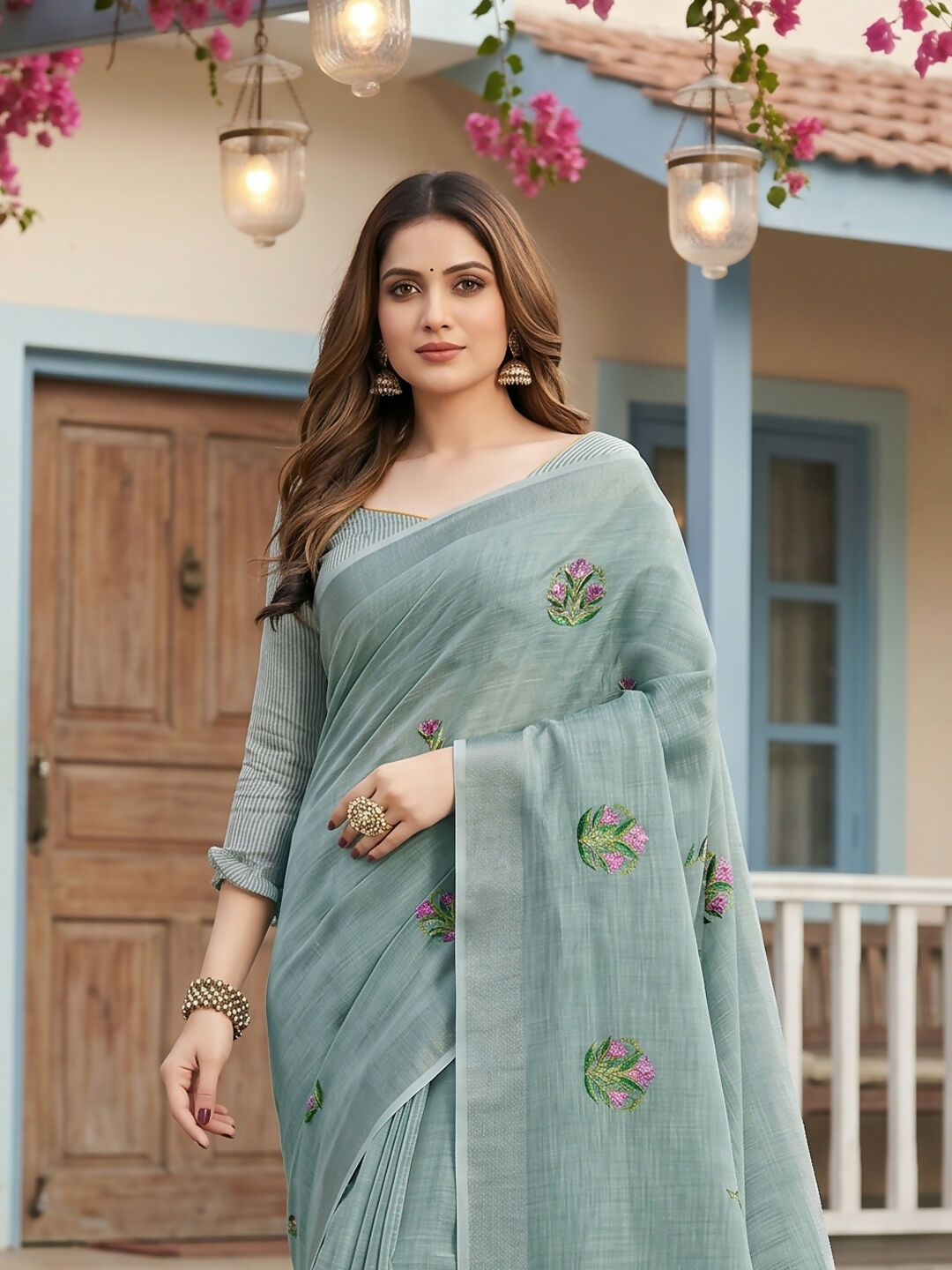 Shree Shyam Fashion Sea Green Linen Saree