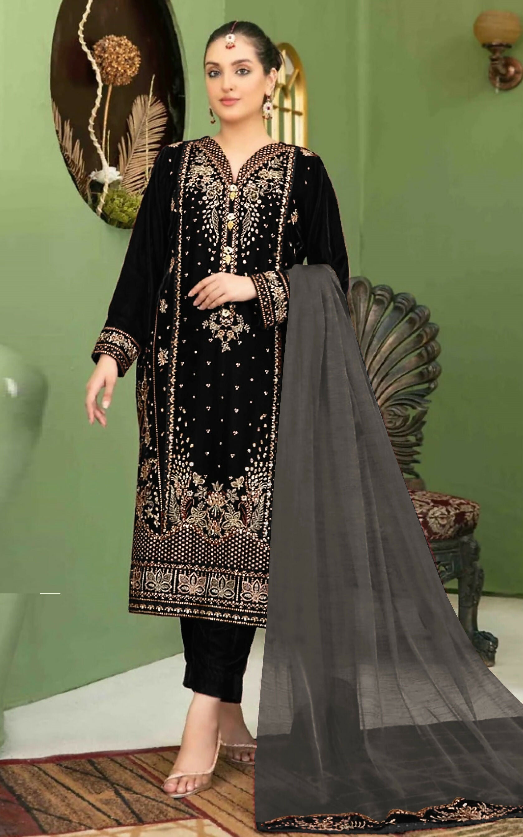 Anaita Black Velvet Suit with Embroidery Sequence Work