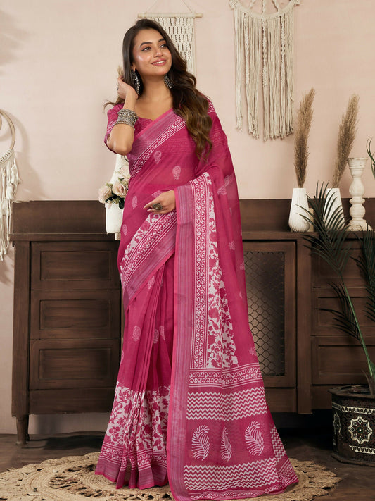 Joban Fashion Pink Floral Linen Ready To Wear Saree With Unstitched Blouse