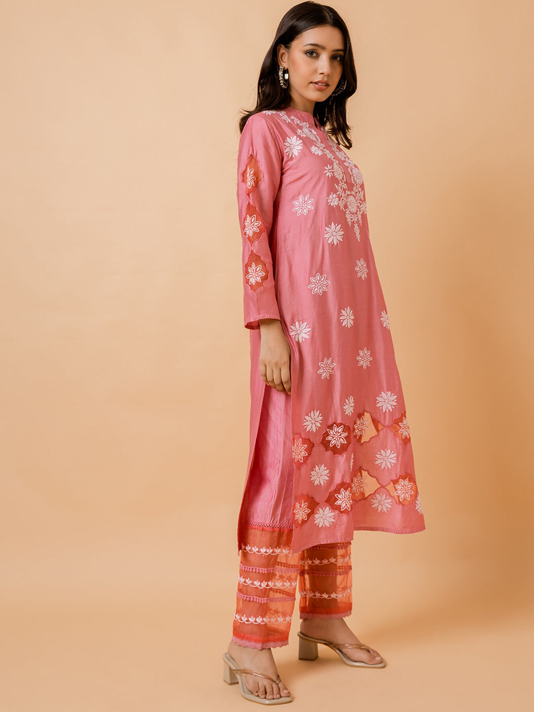 HOUSE OF KARI Ethnic Motifs Embroidered Chikankari Straight Chanderi Silk Kurta 