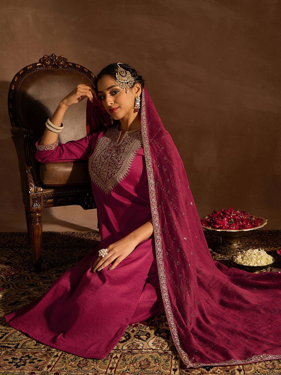 Indo Era Red Floral Embroidered Regular Kurta with Trousers & Dupatta