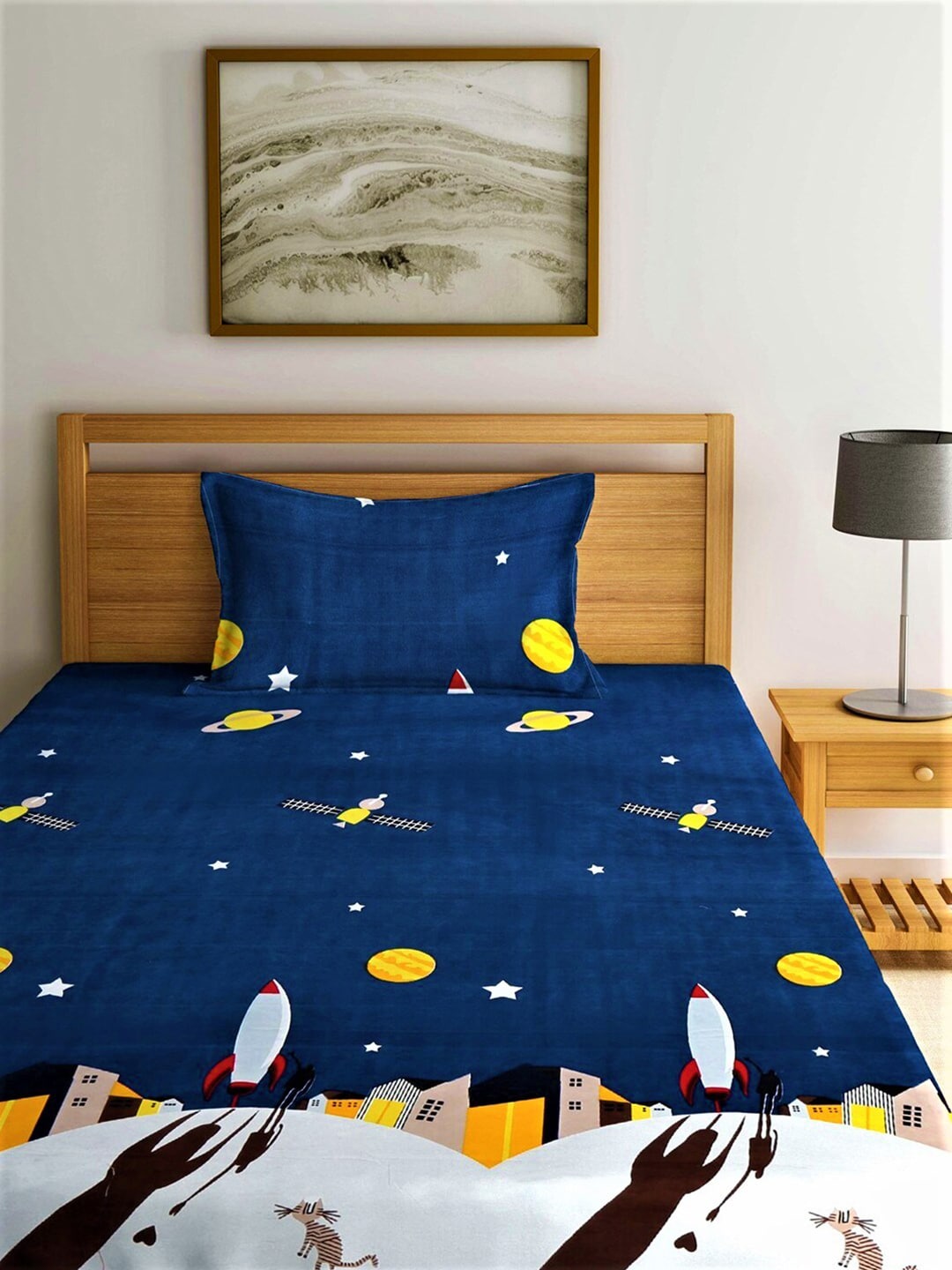 Home Sizzler Blue & Yellow Cartoon Characters 210 TC Bedsheet with Pillow Covers 
