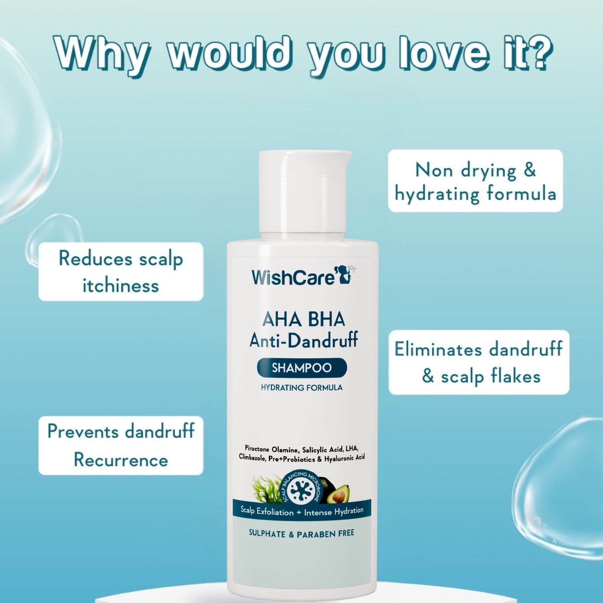 WishCare Hydrating AHA BHA Anti Dandruff Shampo-Reduces Flakes & Itchiness-100% Dandruff Reduction  Grab2Buy Wishcare Grab2Buy