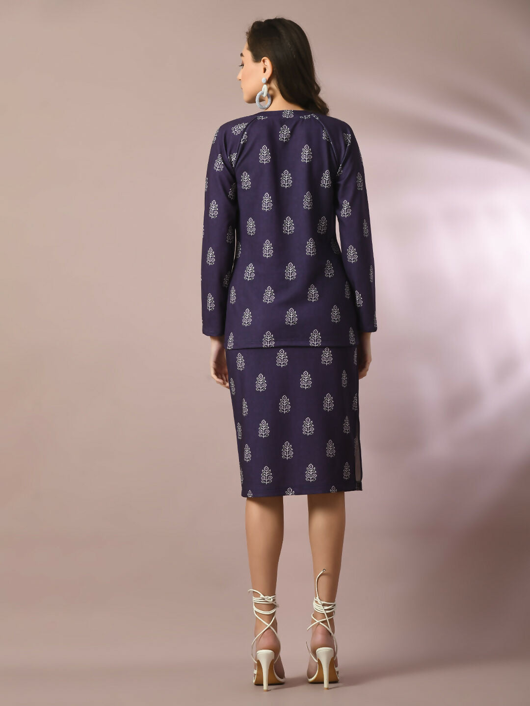 Myshka Women's Navy Blue Printed Round Neck Party Top With Skirt Co-ord set 