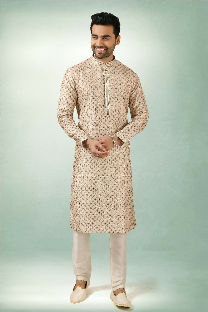Raivat Ethnic Art Silk Printed Work Kurta Pajama In Cream Colour