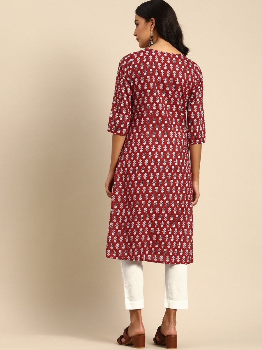 All About You Women Maroon Printed Pure Cotton Kurta with Trousers