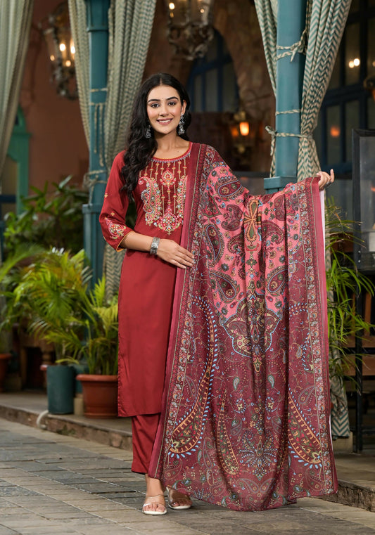Juniper Women's Brown Thread Embroidered Liva Rayon Kurta Pant And Dupatta Set With Sequins