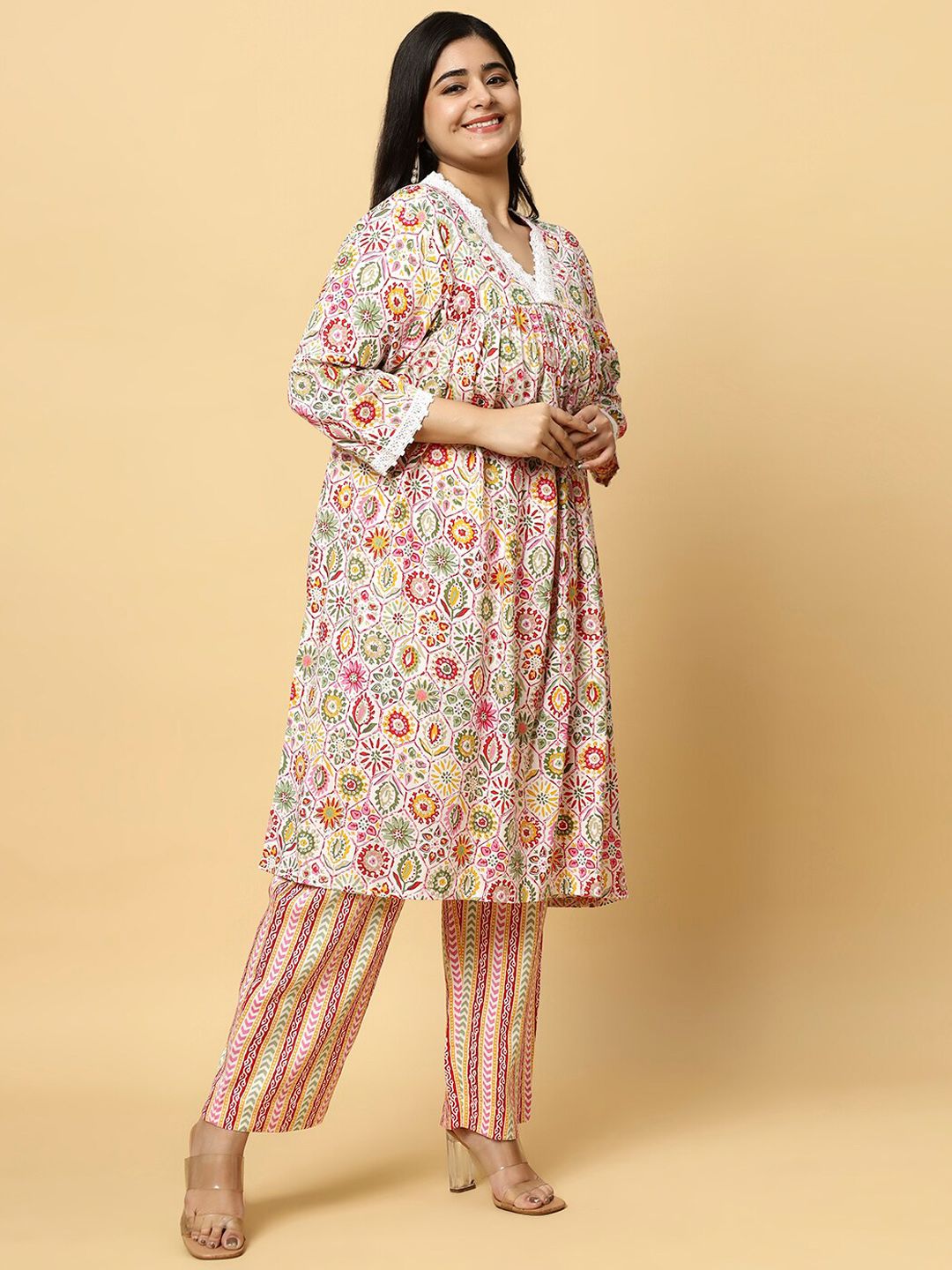 Sztori Plus Size Floral Printed V- Neck Pleated Pure Cotton A-Line Kurta With Lace Detail