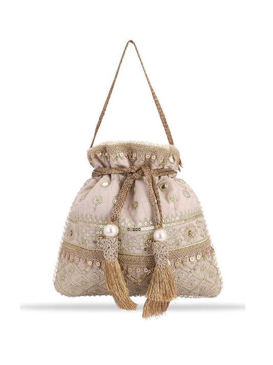 Masq Women Beige & Gold-Toned Embellished Potli - Grab2buy
