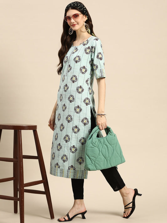 Sangria Women Blue & Brown Ethnic Motifs Printed Kurta - Grab2buy