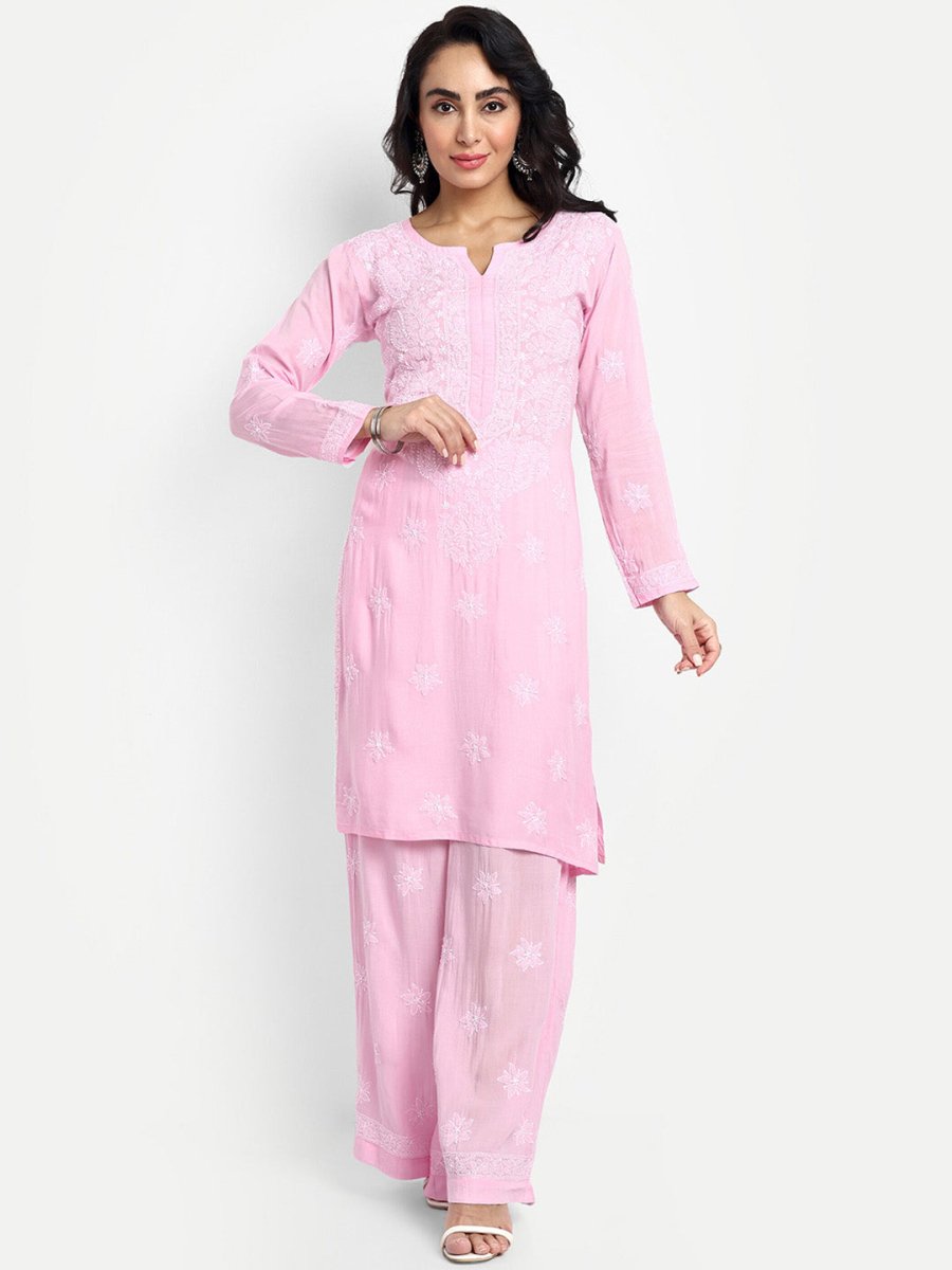 ADA Floral Embroidered Round Neck Long Sleeve Regular Chikankari Kurta With Palazzos 