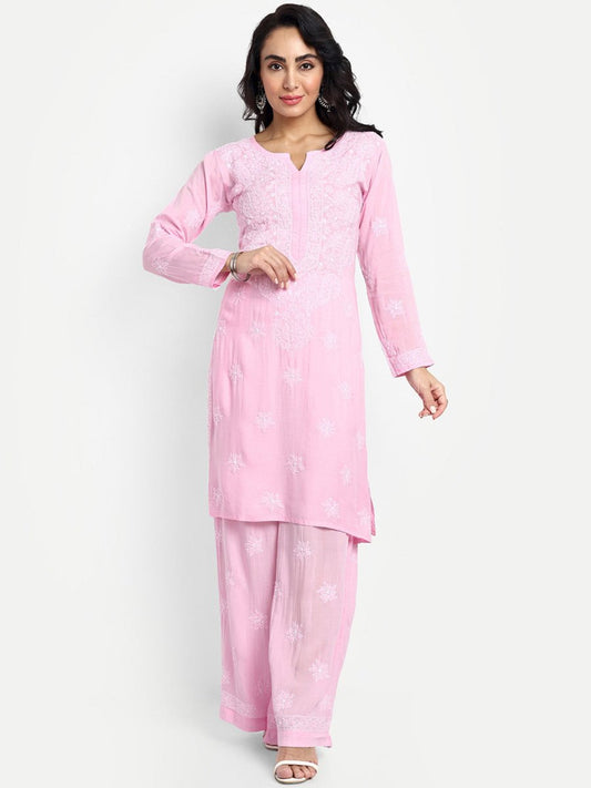 ADA Floral Embroidered Round Neck Long Sleeve Regular Chikankari Kurta With Palazzos 